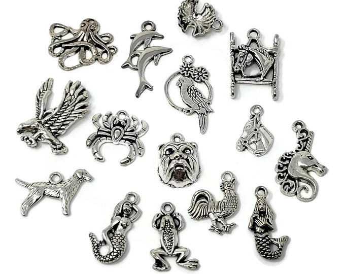 Antique Silver Charm Set - 75 pieces - frog unicorn mermaid dog horse octopus parrot dolphin eagle - bulk mixed lot