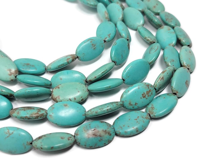 Turquoise Flat Oval Bead - 16mm by 10mm by 4mm - Whole Strand - 25 beads - green blue brown synthetic turquoise