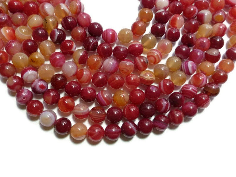 Full Strand Colorful Striped Red White Orange and Pink Stone Multicolor Red Banded Agate 10mm Round Bead 37 beads