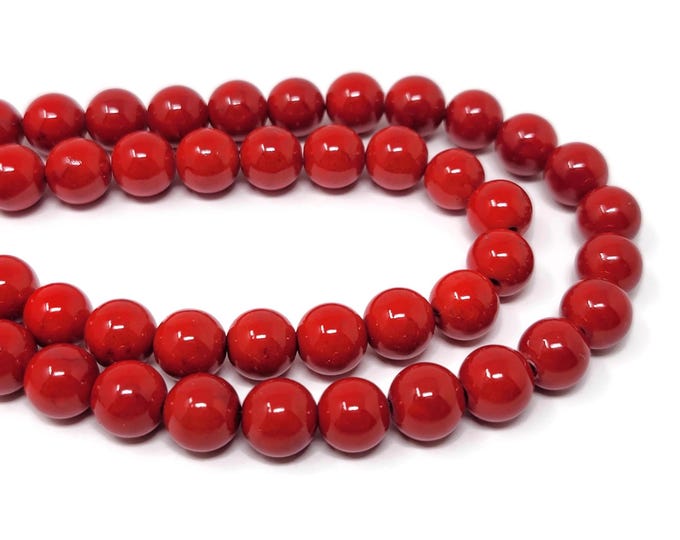 Cherry Red Mountain Jade 8mm Round Bead - 49 beads - Mashan Jade - Scarlet Crimson Bright Shiny Red Dyed Marble - Whole Strand