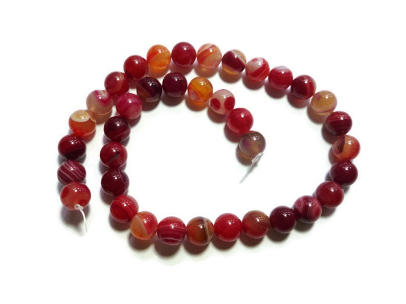 Full Strand Colorful Striped Red White Orange and Pink Stone Multicolor Red Banded Agate 10mm Round Bead 37 beads