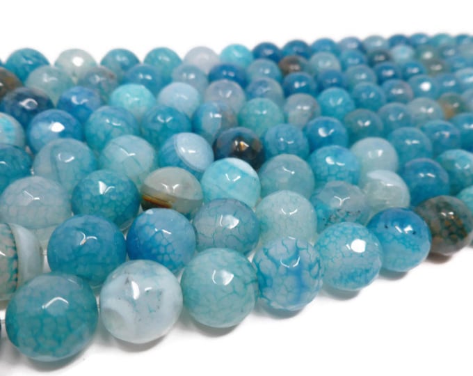 Blue Faceted Agate 12mm Round Bead - Cracked Crackle - Cyan Fire Crab - Whole Strand - 32 beads - dragon vein stone