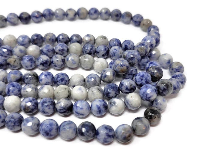 Blue Spot Jasper 8mm Faceted Round Bead - 46 beads - navy blue and white natural spotted stone - blueberry - whole strand