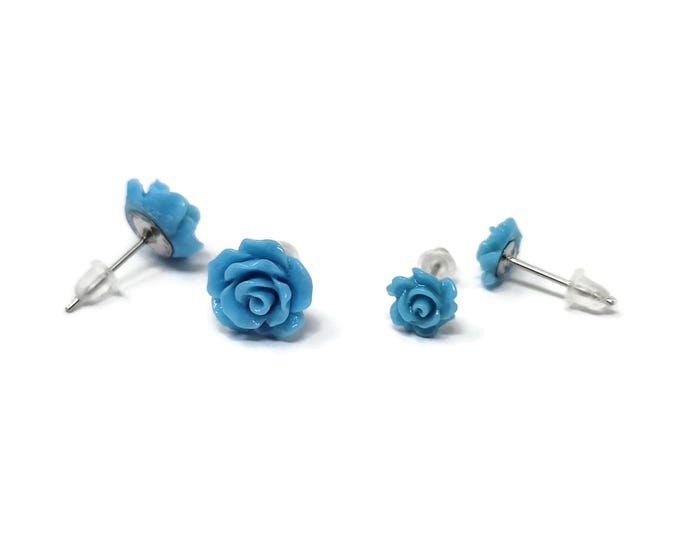 Blue Rose Post Earrings ~ small & tiny size ~ 7mm 10mm or both ~ Petite Flower Blossom Stud Earring