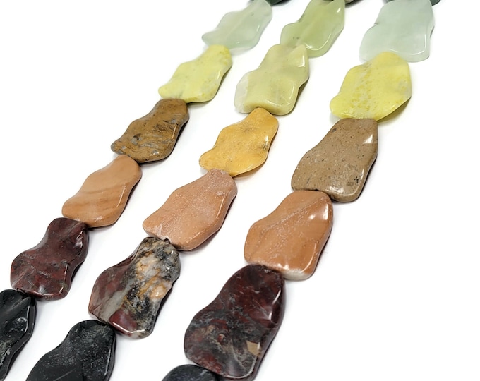 Seven Focal Bead Set - Assorted Semi-Precious Gemstone Lot - Carved Wavy Trapezoid or Triangle Pendant Beads - 30x24x7mm