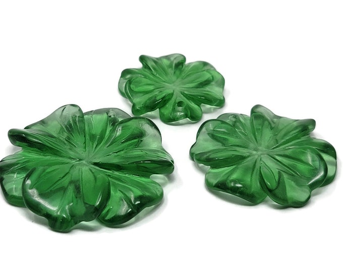 Green Glass Flower Pendant - Top Drilled Transparent Carved Flower - Two Sizes - 30mm or 35mm - 1.5mm hole