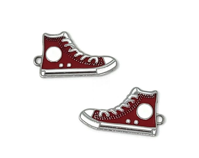 Red Hi Top Basketball Shoe Charm - Two-Sided Silver Enameled Athletic Shoes - Sneaker Pendant - 30mm by 17mm by 2mm - 1 2 3 5 10 25 pcs