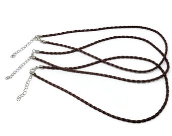 Brown Braided Cord Necklace - Imitation or Faux Leather - 5 10 25 50 necklaces - 17" to 19" - 3mm cord - bulk adjustable necklace blanks