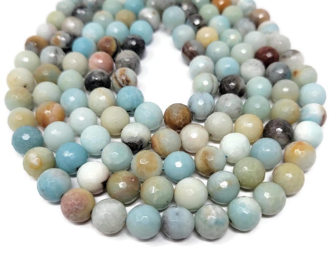 Flower Amazonite 10mm Faceted Round Bead - 38 beads - whole strand aqua blue multi-color stone - ocean blend