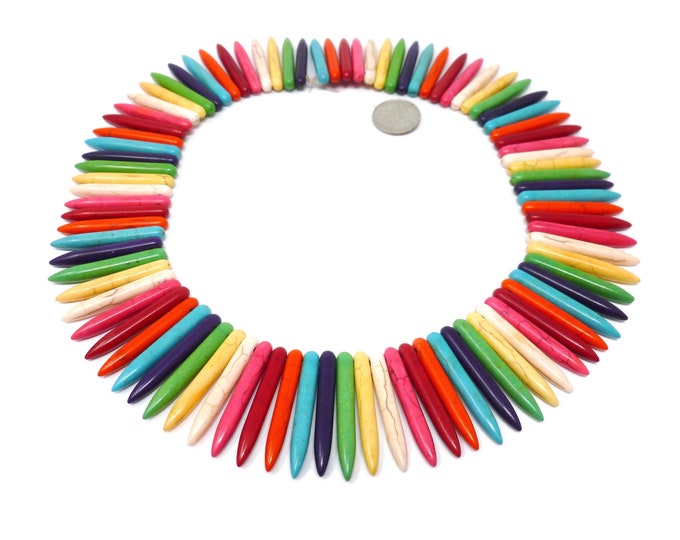 Rainbow Spike Collar Bead - 34mm by 5mm - Whole Strand - Mixed Color Synthetic Turquoise Stick Bead Tusk Dagger - 88 beads - colorful mix