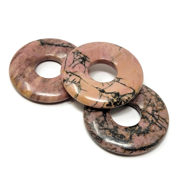 Rhodonite Donut Large Focal Bead or Pendant - 40mm by 7mm - 14mm Center Hole - pink & black stone - circle disk lavender pi stone