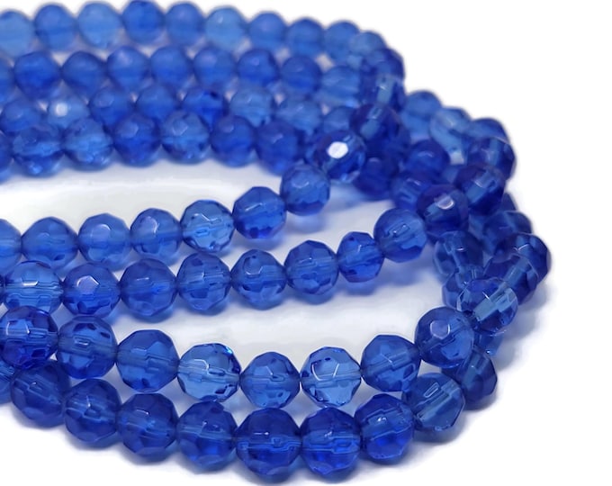 Blue Glass 6mm Faceted Round Bead - whole strand - 57 beads