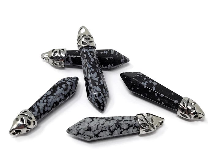 Five Piece Set of Snowflake Obsidian Point Pendants - Silver Cap Setting - 36mm by 8mm - Black and White Stone Pendulum Wand Bulk Lot