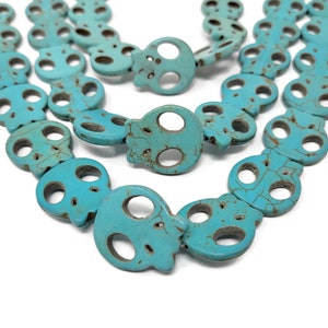 Blue Extra Large Flat Skull Bead - 28mm by 25mm by 4mm skulls - 14 beads - synthetic turquoise - over 1 inch - whole strand