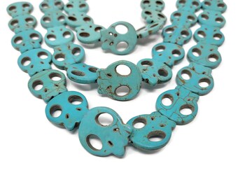 Blue Howlite Skull Bead - Extra Large Flat Skulls - 28mm by 25mm by 4mm - 14 beads - synthetic turquoise - over 1 inch - Whole Strand