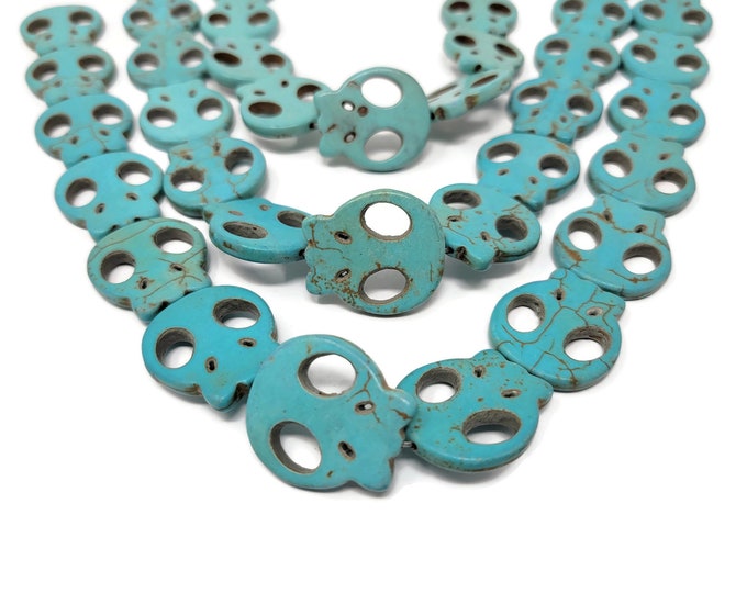 Blue Howlite Skull Bead - Extra Large Flat Skulls - 28mm by 25mm by 4mm - 14 beads - synthetic turquoise - over 1 inch - Whole Strand