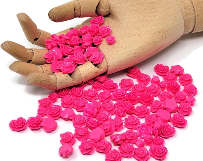 Hot Pink Rose Mixed Cabochon Lot - 100 piece set - 16mm to 9mm - plastic craft flower assortment - plastic flower mix