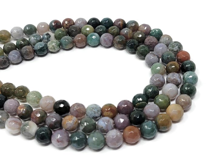 Indian Agate 8mm Faceted Round Bead - whole strand - 45 beads - shades of green stone - fancy jasper - colorful stone - mixed color