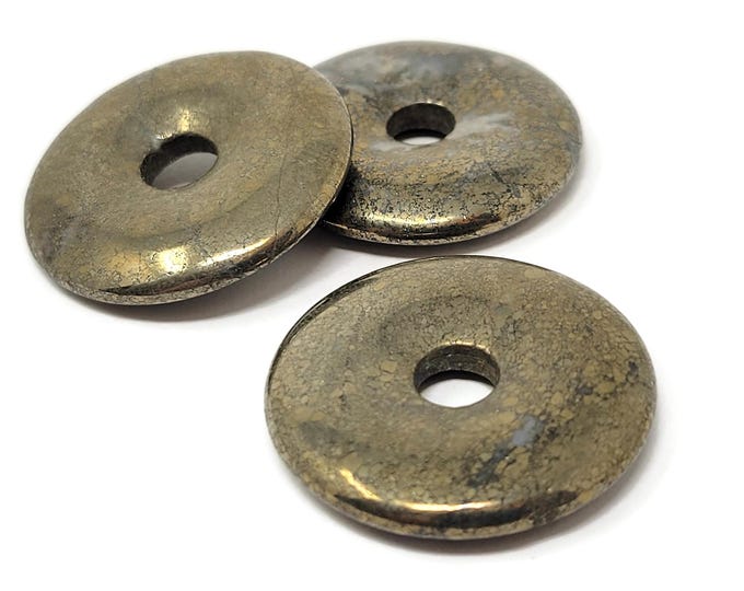 Pyrite Donut Bead: Golden Bronze Pi Stone Pendant (30mm x 5mm, 6.5mm Hole)