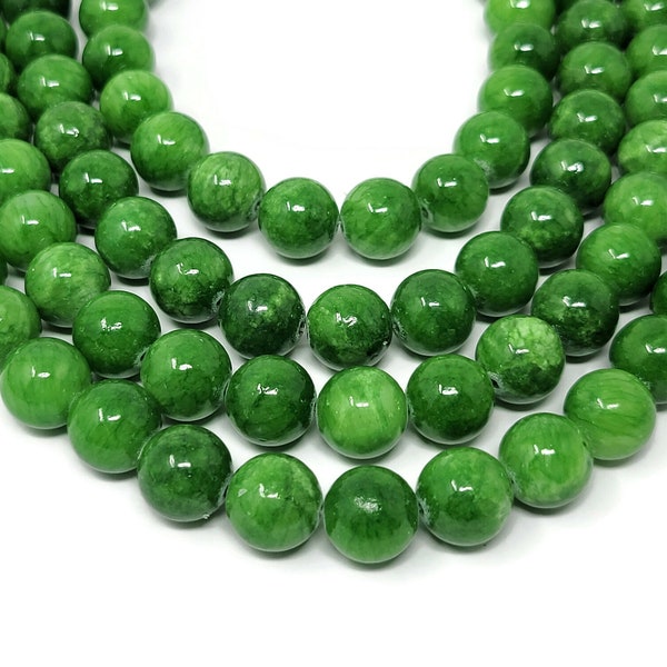Green Mountain Jade 12mm Round Bead - 33 beads - Whole Strand - grass green Mashan - shades of green marble
