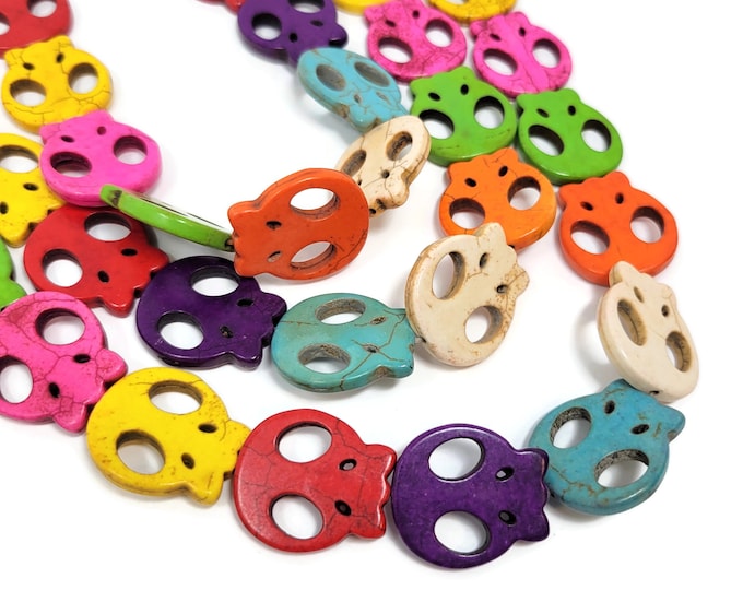 Mixed Color Extra Large Flat Skull Bead - 28mm by 25mm by 4mm - 14 beads - Rainbow Synthetic Turquoise Skulls - Whole Strand - colorful
