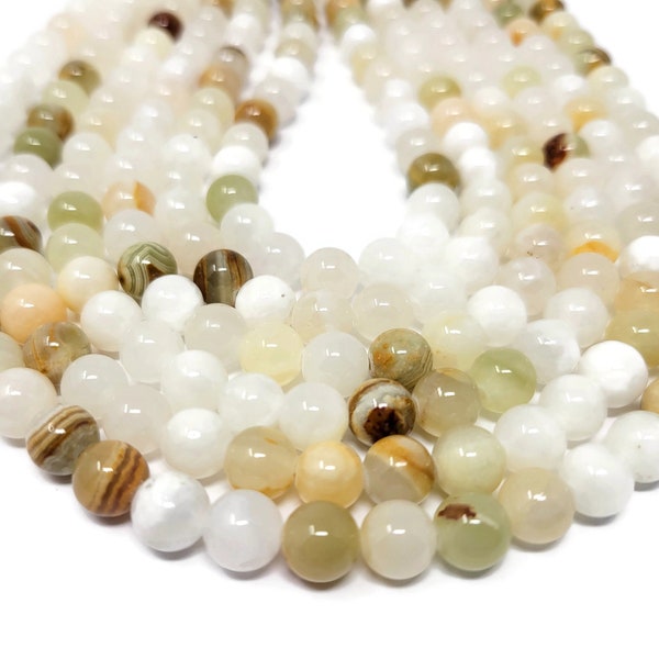 Italian Onyx 8mm Round Bead - 50 beads - Whole Strand - Flower Jade - Striped Onxy - Cream Pale Green Stone calcite