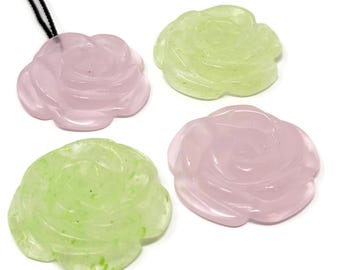 Carved Rose Glass Top Drilled Pendant: 30mm Flower Bead - Green or Pink