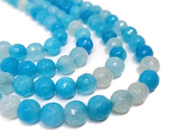 Blue Faceted Cracked Agate 8mm Faceted Round Bead - whole strand - 46 beads - crackle aqua blue fire crab dragon vein agate - shades of blue