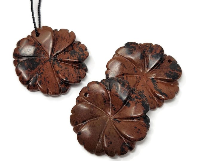 Mahogany Jasper Top Drilled Stone Carved Flower - 34mm by 6mm - DIY necklace pendant