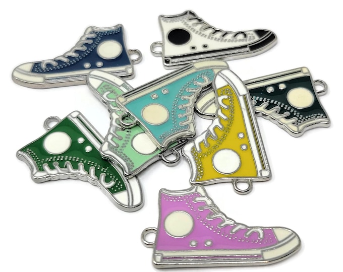 Mixed Color Eight Sneaker Pendant Set - Hi Top Basketball Shoe 8 Charm Lot - Two-Sided Silver Enameled Athletic Shoes - 8 pcs - 30mm by 17mm
