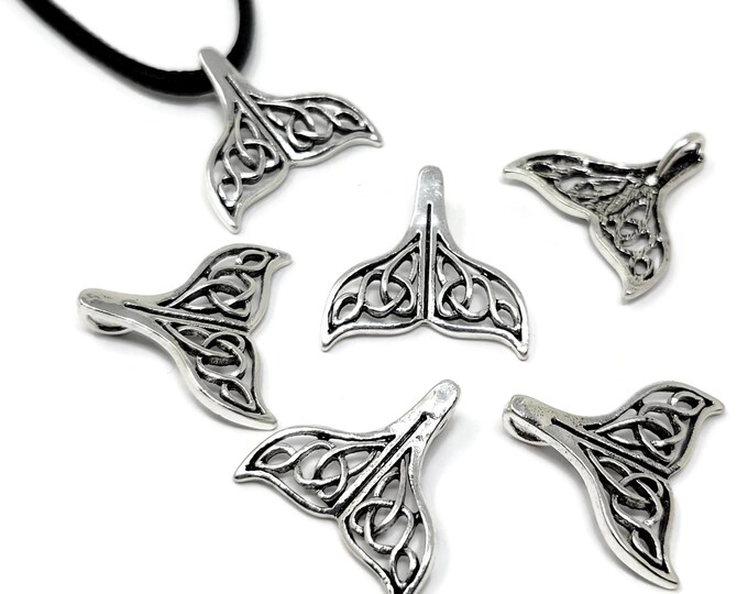 Silver Whale Tail Pendant Lot - 6 pieces - 24mm by 23mm necklace pendants - surfer sea ocean - Celtic knot design