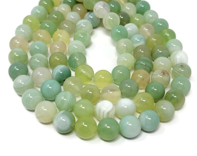 Lemon Lime Banded Agate 10mm Round Bead - 36 beads - Whole Strand - Green Yellow Cream Striped Stone - Colorful - Mixed Color
