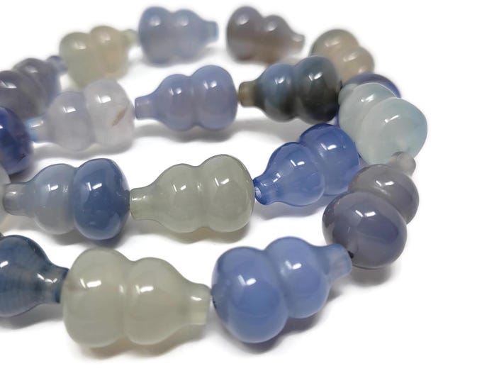 Blue Agate Carved Vase Bead - Half Strand - Shades of Blue - 10 beads - 18mm by 12mm - gray taupe blue stone teardrop