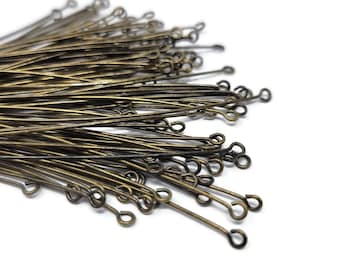 Antique Bronze Eye Pin - long headpin - 70mm or 2.75" - 100 pieces - 0.7mm or 21 gauge -  bulk brass DIY  antique gold head pin