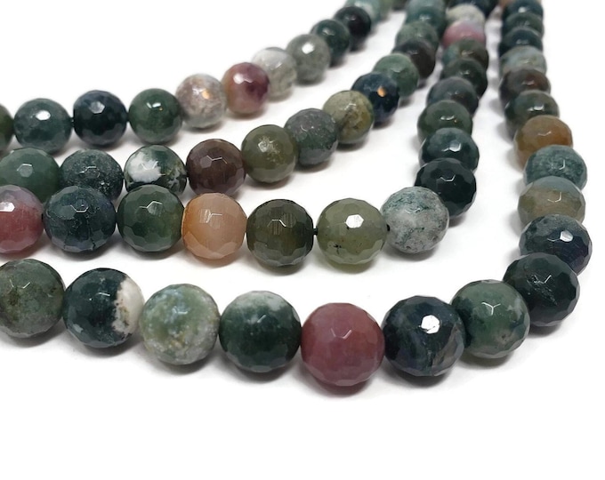 Indian Agate 10mm Faceted Round Bead - Whole Strand - 38 beads - Mixed Color Green Stone Colorful - fancy jasper