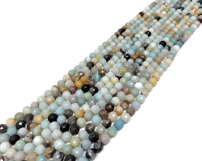 Flower Amazonite Faceted 6mm Round Bead - 60 beads - Full Strand - Ocean Aqua Colorful Mixed Color Stone