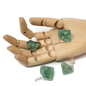 Four Natural Green Fluorite Pendants with Silver Plated Bail - set of large raw green stone crystals - irregular nugget necklace gemstones