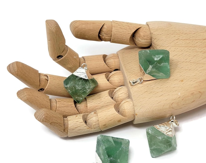 Four Natural Green Fluorite Pendants with Silver Plated Bail - set of large raw green stone crystals - irregular nugget necklace gemstones