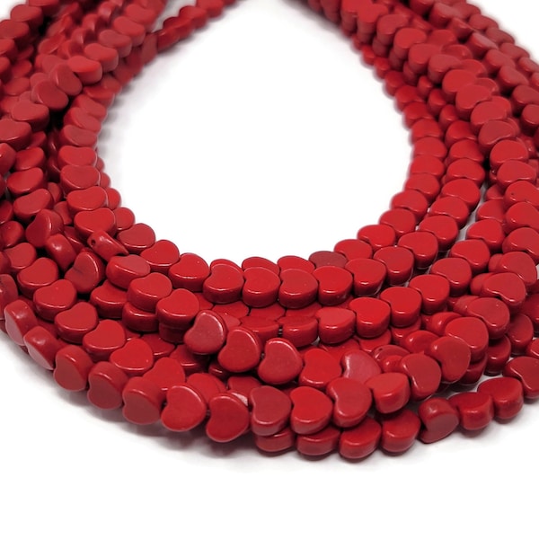 Red Howlite Heart Bead - 6mm x 5mm x 3mm - Whole Strand - 76 beads - Cherry Scarlet Crimson - Synthetic Turquoise - flat hearts - small