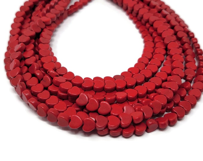 Red Howlite Heart Bead - 6mm x 5mm x 3mm - Whole Strand - 76 beads - Cherry Scarlet Crimson - Synthetic Turquoise - flat hearts - small