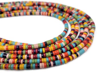Rainbow Heishi Bead - 4mm by 1.5mm - around 216 beads - Mixed Color Howlite Tube or Cylinder - Whole Strand - Colorful variety