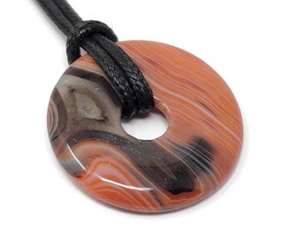 Red and Black Banded Agate Donut Bead - 35mm Striped Pi Stone Pendant