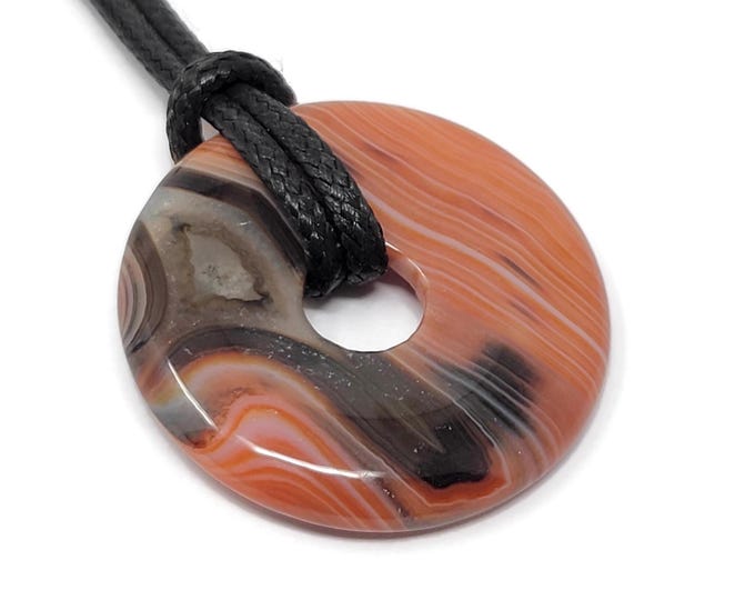 Red and Black Banded Agate Donut Bead - 35mm Striped Pi Stone Pendant