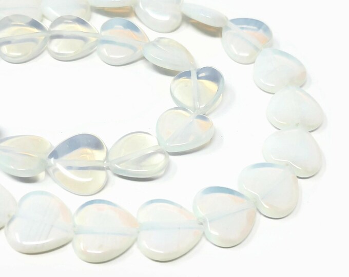 Opalite Large Heart Bead - 24 beads - 16mm by 16mm by 4mm - Whole Strand -Moonstone Glass - Sea Opal - iridescent glowing hearts