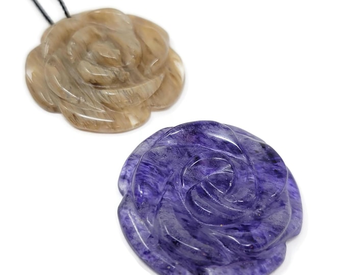 Carved Rose Glass Pendant: 30mm Flower Bead - Blue or Caramel Brown