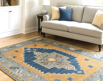 Handgeknüpfter Wollteppich | Blau & Gold Oushak Style | Wohnzimmer decor 9*12