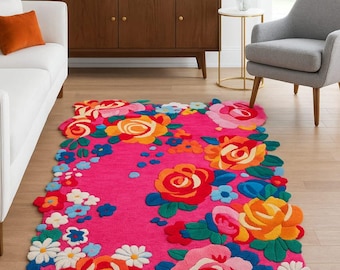 Hand Tufted Wool Rug, Vibrant Floral Design, Modern Boho Decor