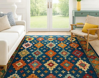 Colorful Southwestern Area Rug, Blue Boho Tribal Carpet for Living Room, Geometric Kilim