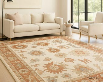 Alfombra de lana Oushak anudada a mano / Alfombra turca floral beige y terracota (10*11) / Decoración de sala de estar