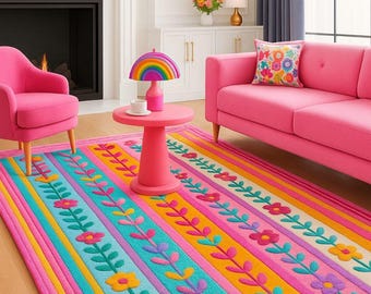 Hand-tufted Floral Striped Area Rug | Pink Teal Yellow Botanical Boho Decor